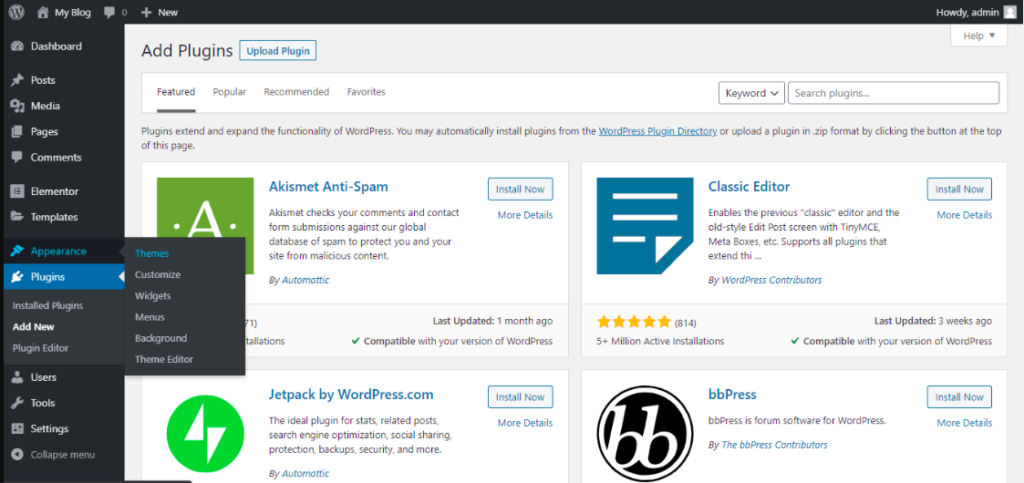 Screenshot of the WordPress plugin page displaying a variety of plugins available for installation.